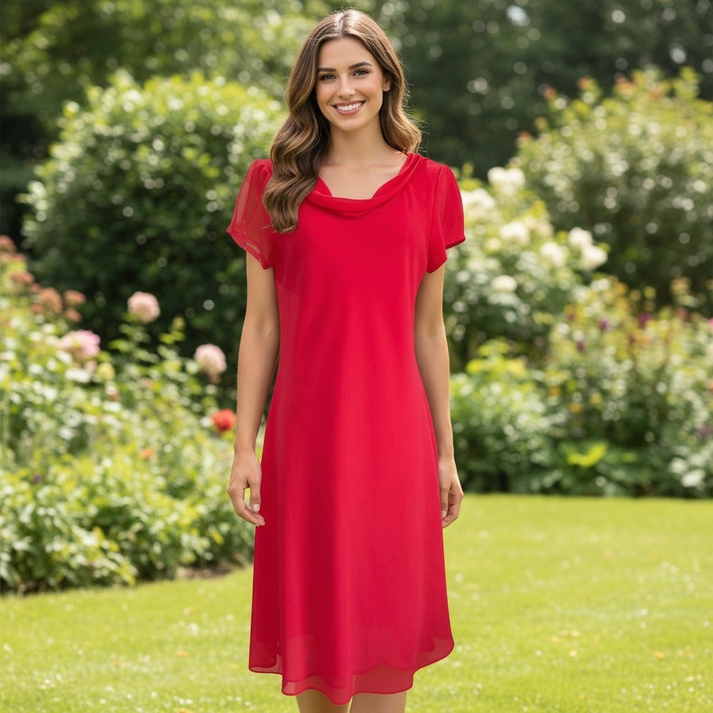 Address Maggy Coral Red Chiffon A-Line Midi Dress Size 10 Wedding Guest‎ Party